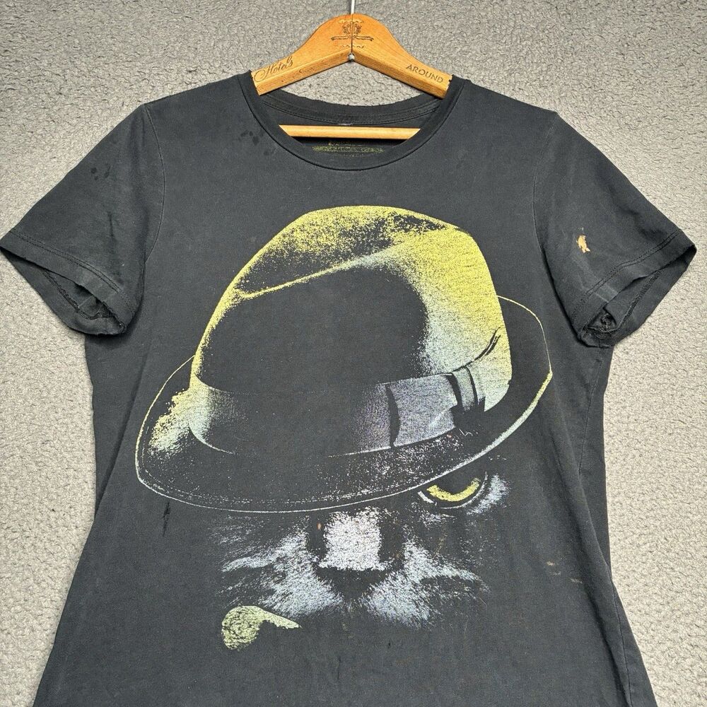 Y2K Cat Graphic T-Shirt Black Fedora Hat Yellow Eyes Crewneck Womens Large - Picture 2 of 14